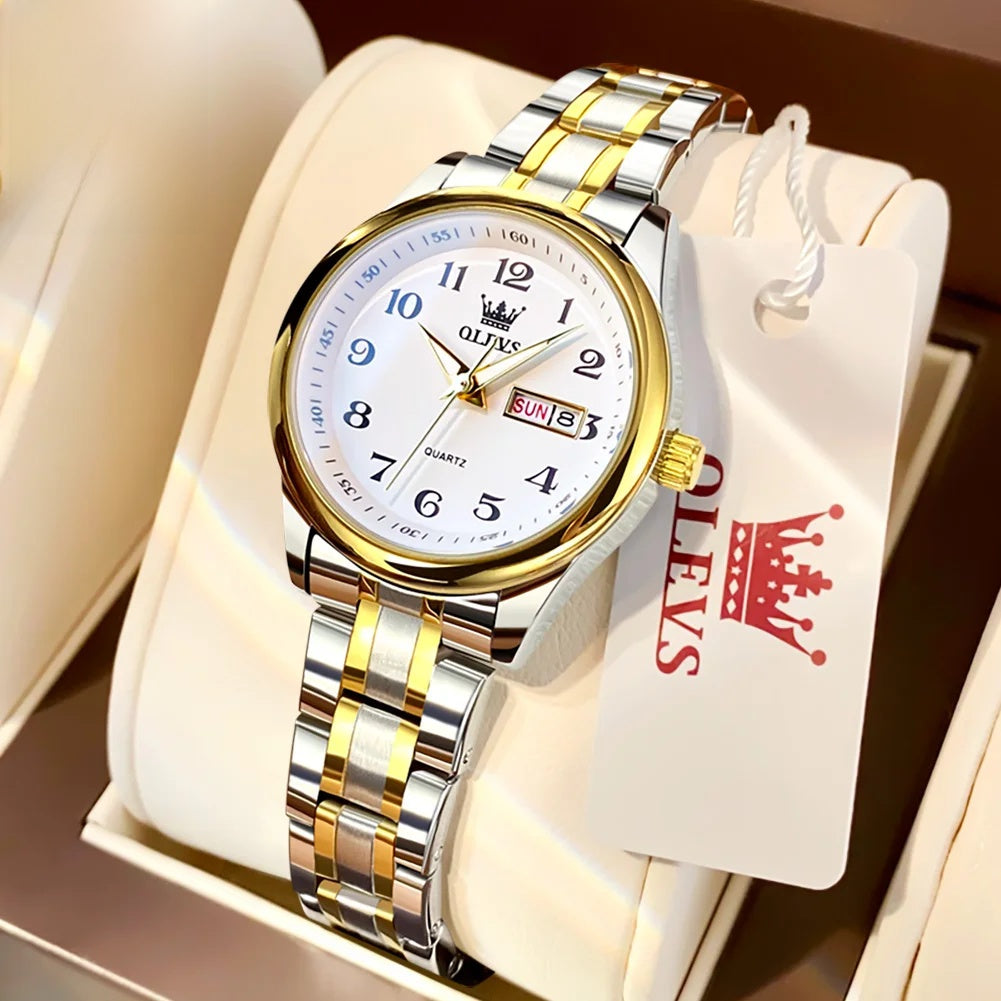 Women's Arabic Numeral Day-Date Bracelet Watch — Two-tone Arabic numeral watch — BandsCo Straps