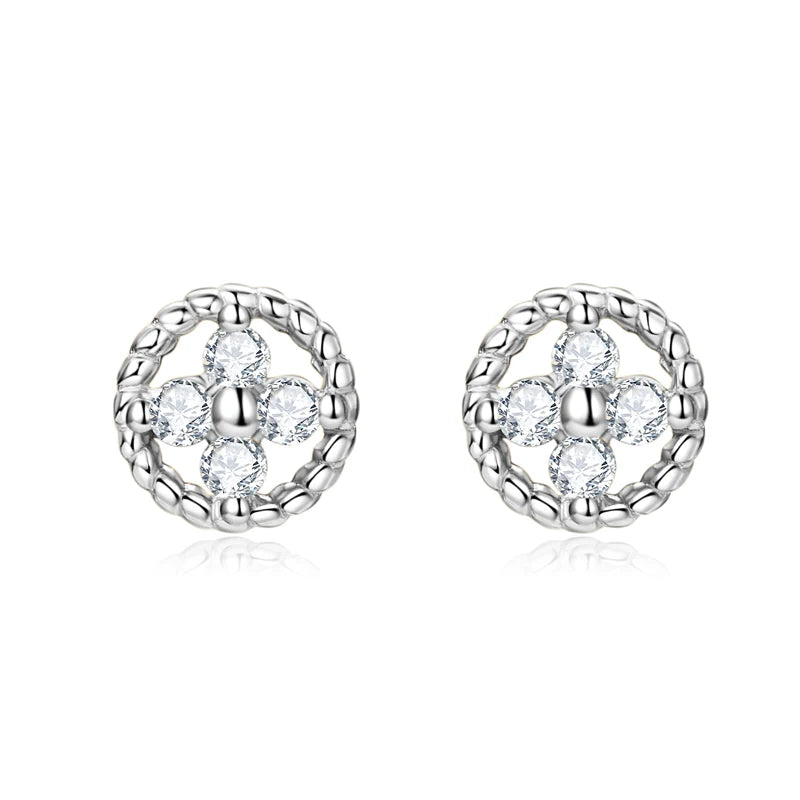 Round Rope-Edge Moissanite Cluster Stud Earrings — Silver front view