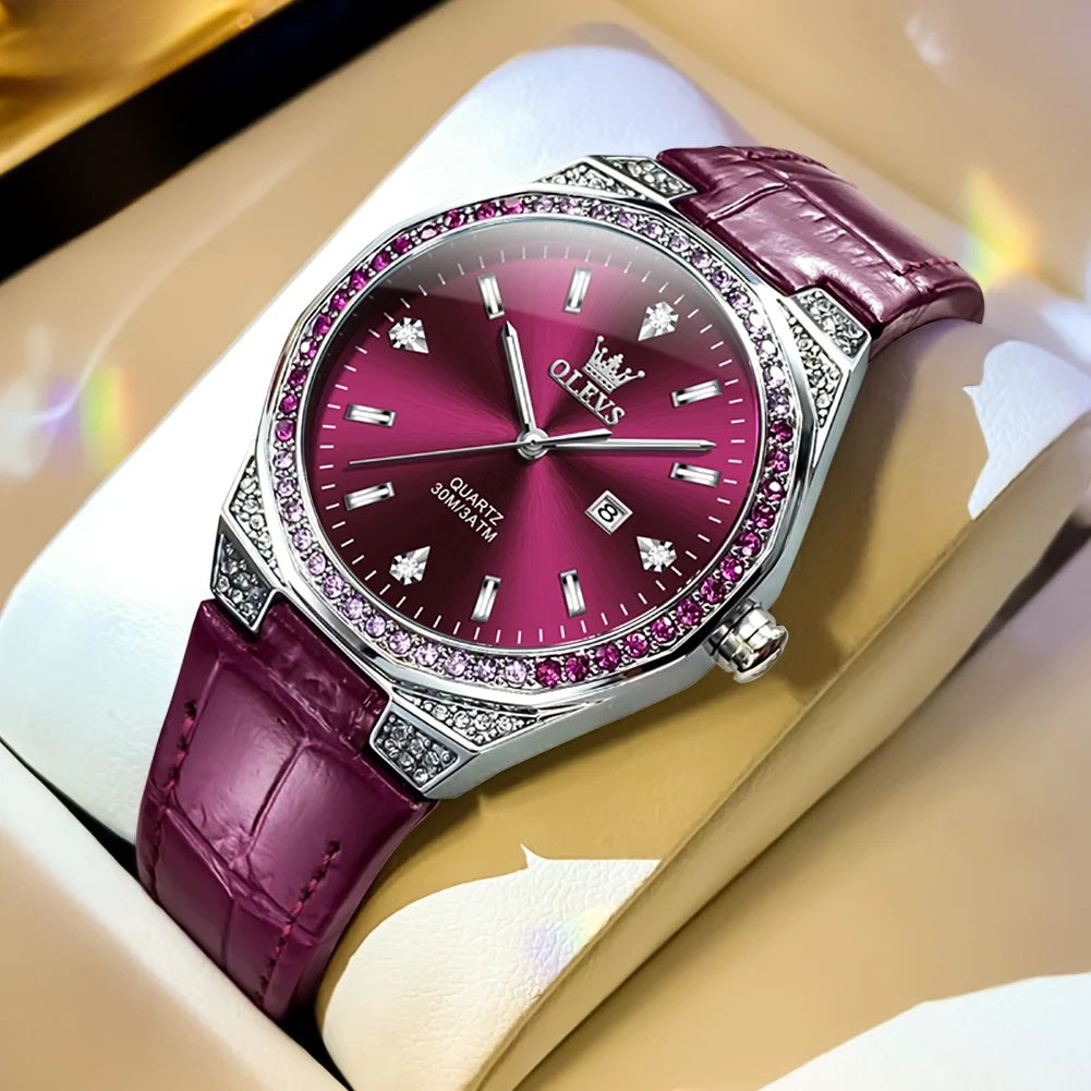 Women's Crystal Bezel Leather Quartz Watch — Plum / Plum Dial — BandsCo Straps