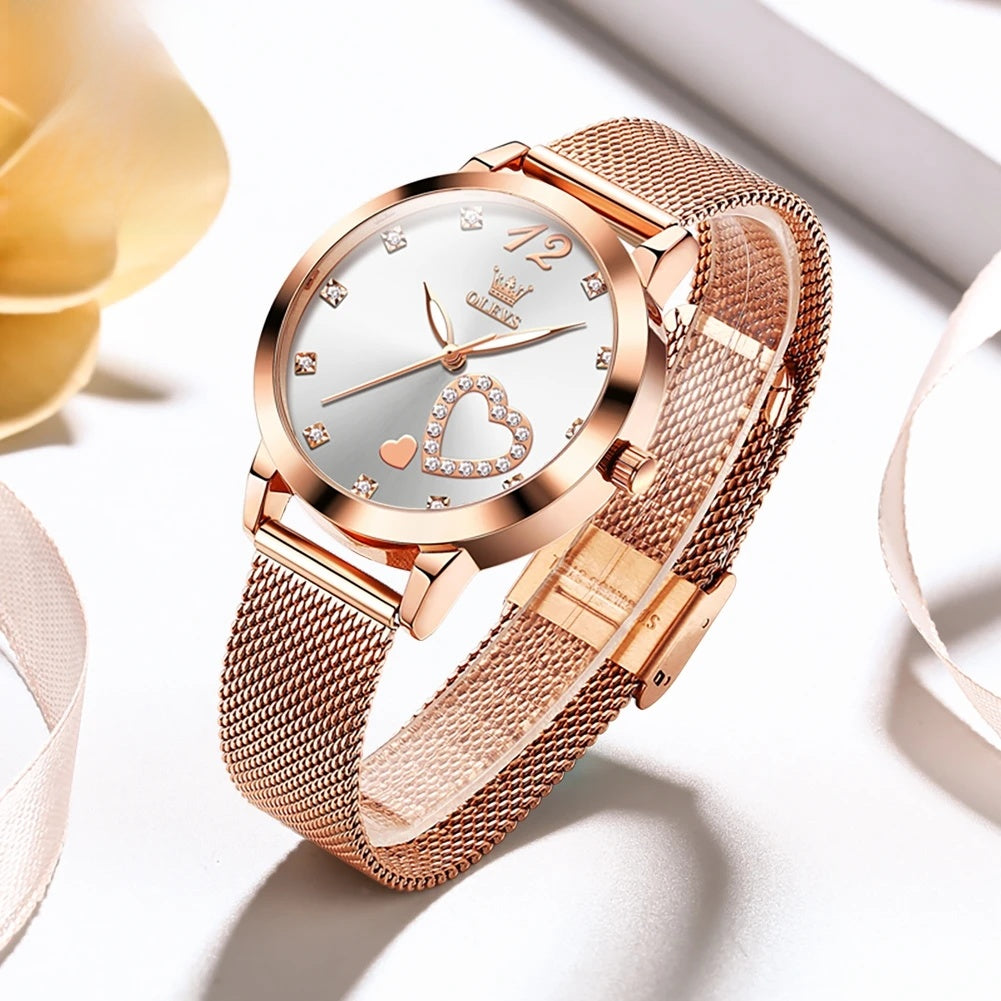Women's Crystal Heart Mesh Quartz Watch — White — BandsCo Straps