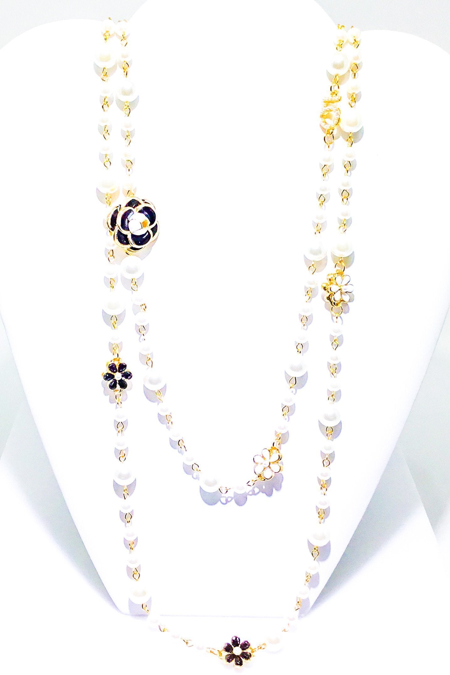 Double Strand Pearl Necklace With Gold Floral Accents by Burgundy Uranus
