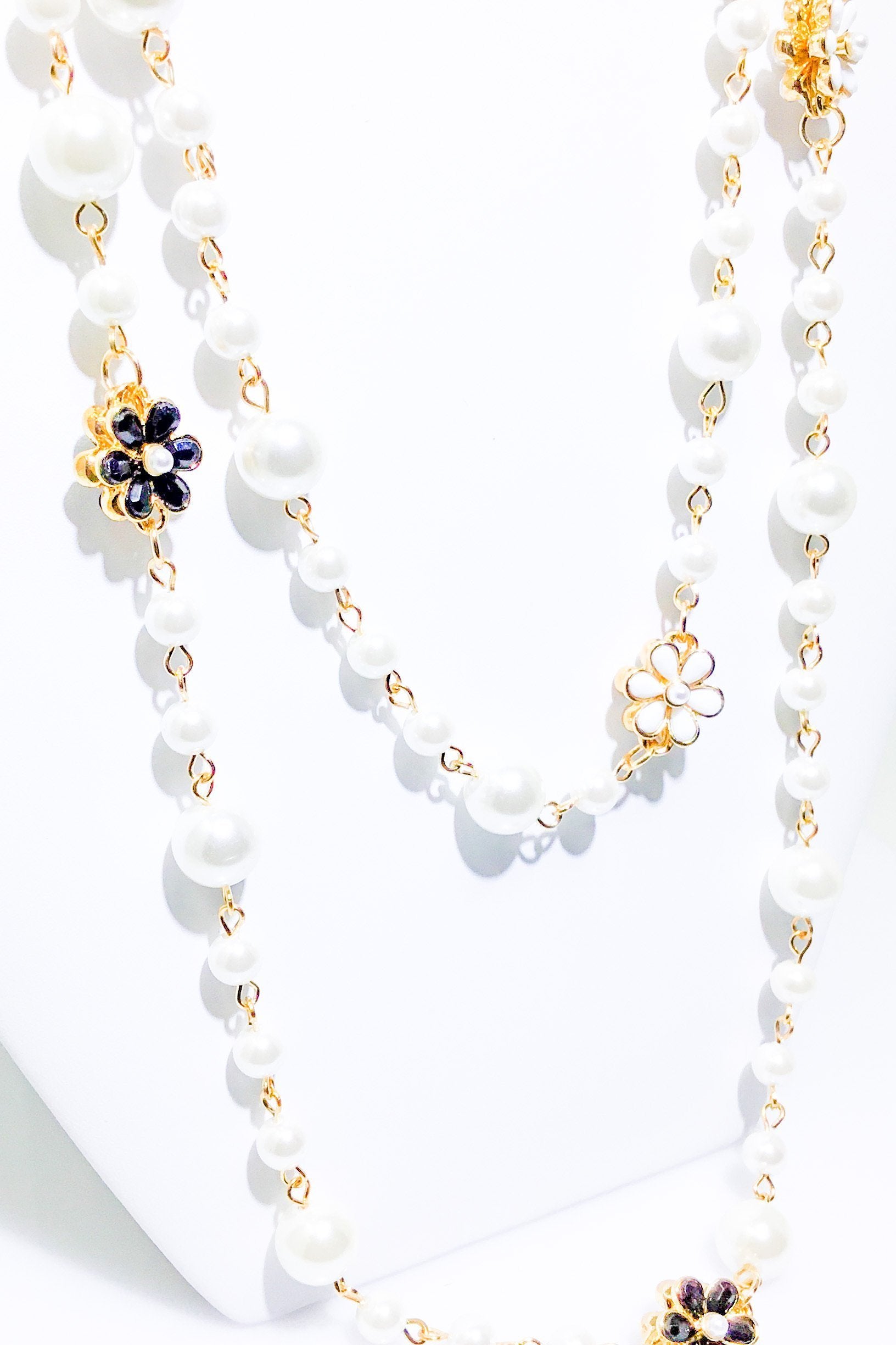 Double Strand Pearl Necklace With Gold Floral Accents by Burgundy Uranus