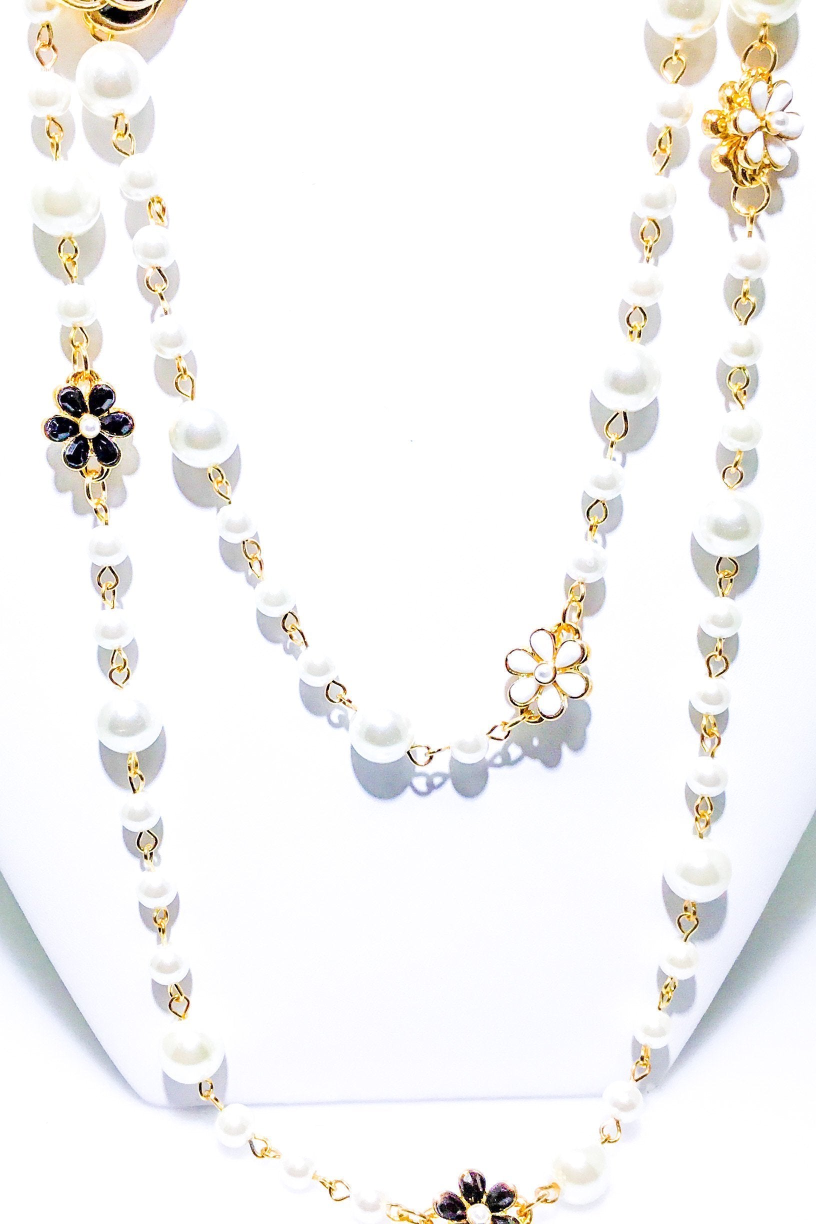 Double Strand Pearl Necklace With Gold Floral Accents by Burgundy Uranus