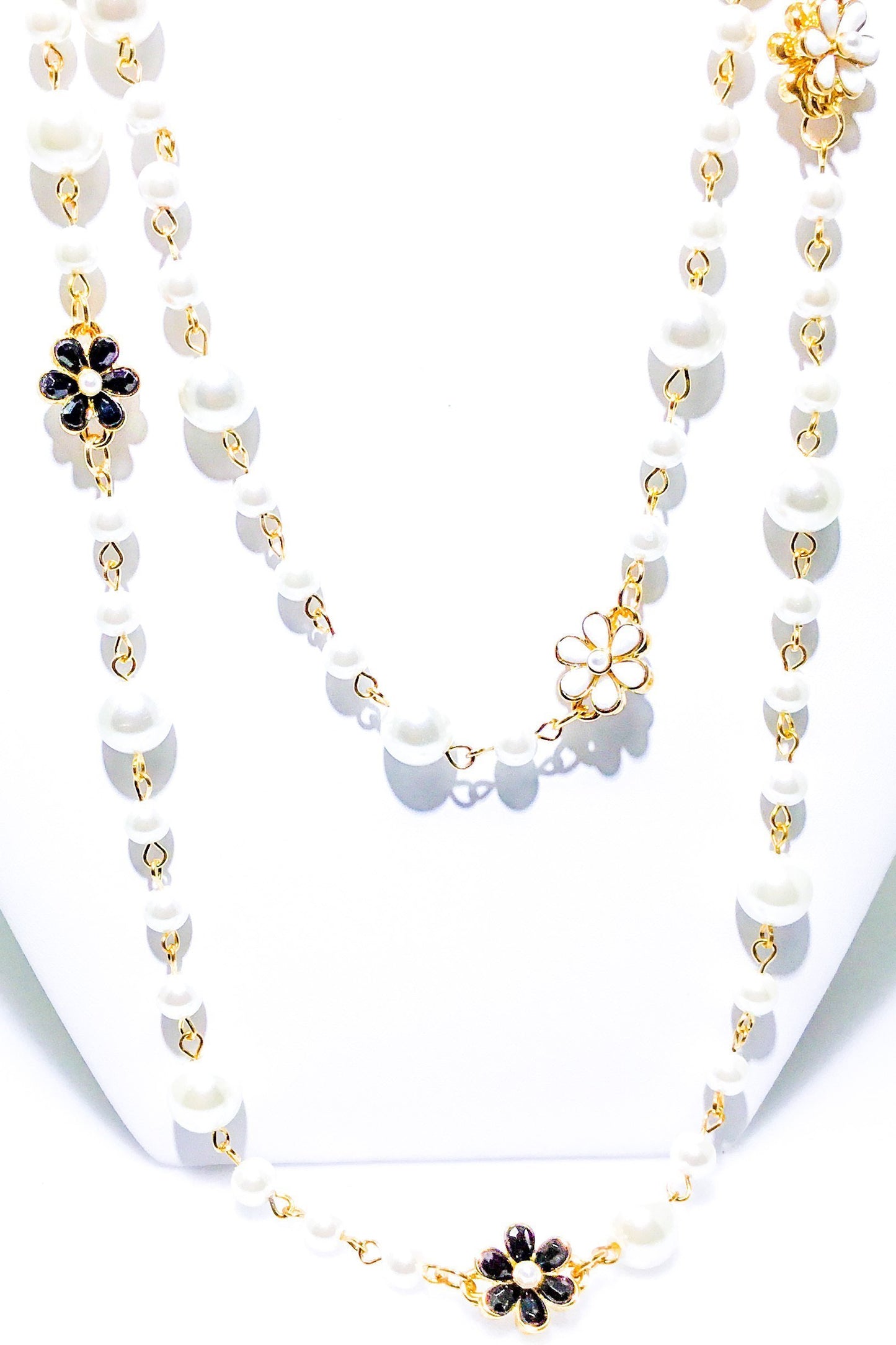 Double Strand Pearl Necklace With Gold Floral Accents by Burgundy Uranus