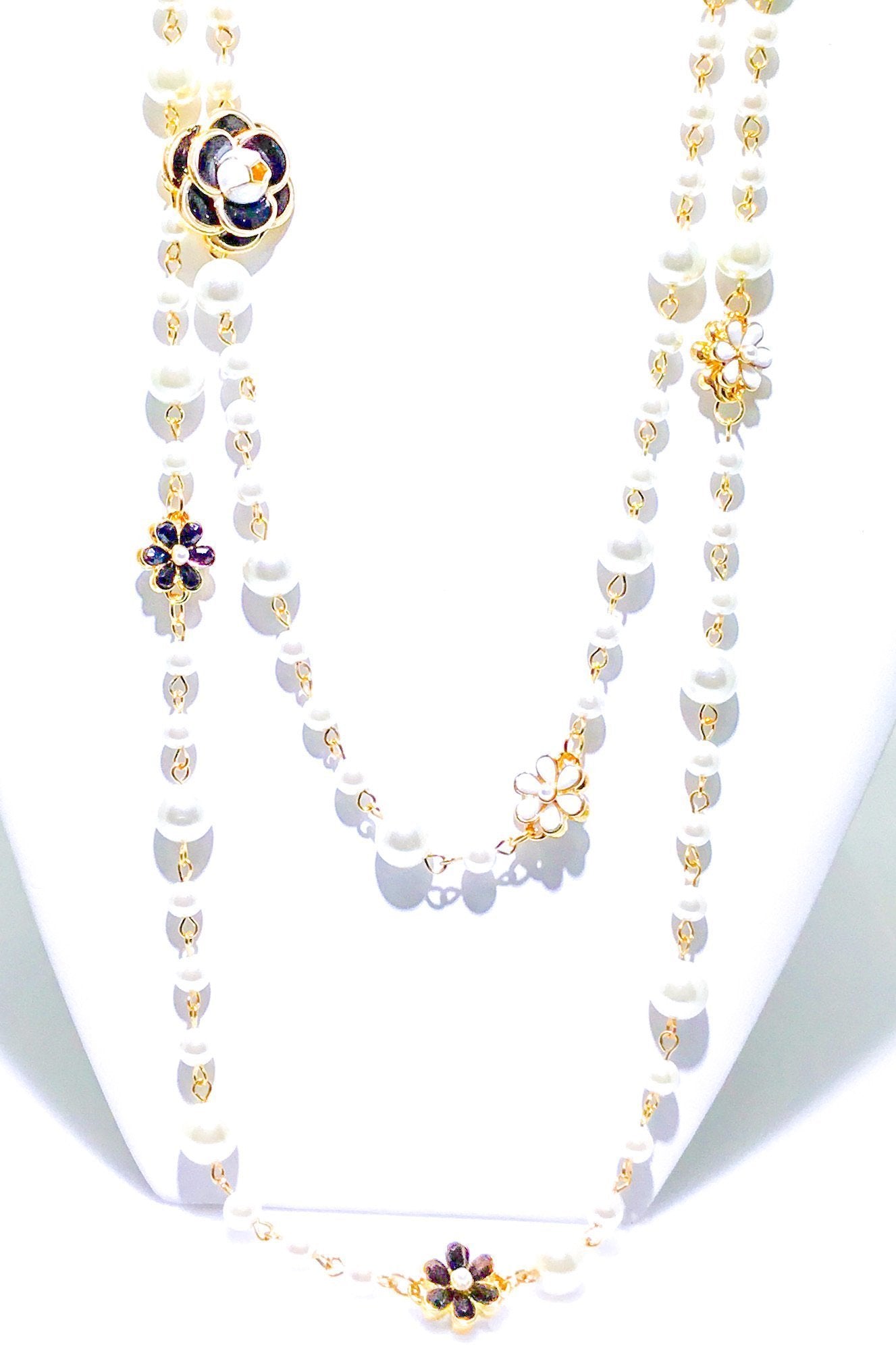Double Strand Pearl Necklace With Gold Floral Accents by Burgundy Uranus