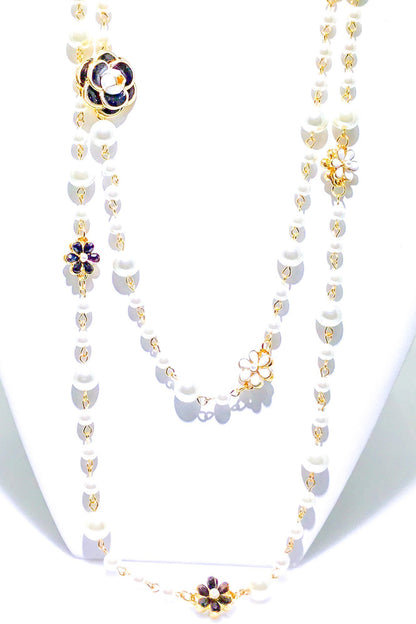 Double Strand Pearl Necklace With Gold Floral Accents by Burgundy Uranus