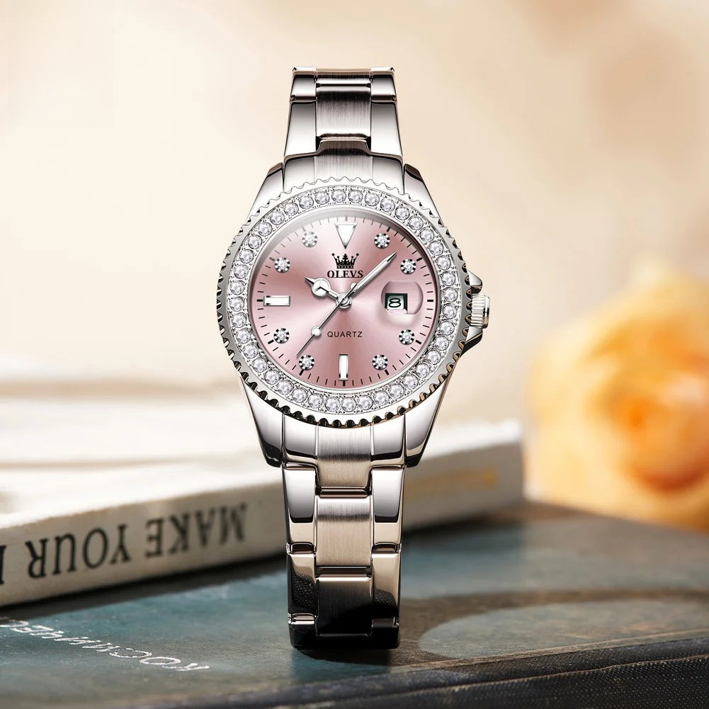 Women's Sunray Dial Crystal-Bezel Quartz Watch — Pink sunray dial and silver-tone bracelet