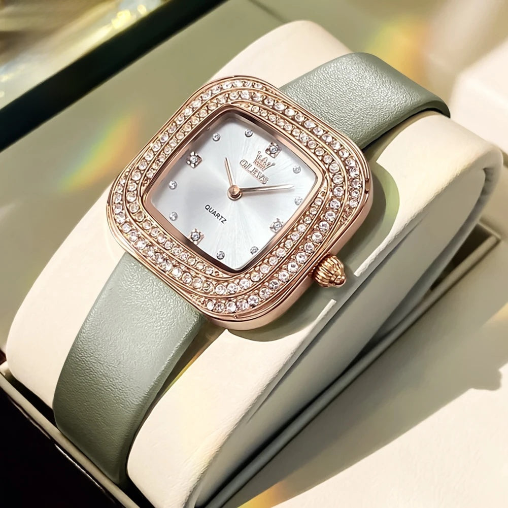Women's Square Crystal Bezel Leather Watch — Sage Green / Rose Gold Tone — BandsCo Straps