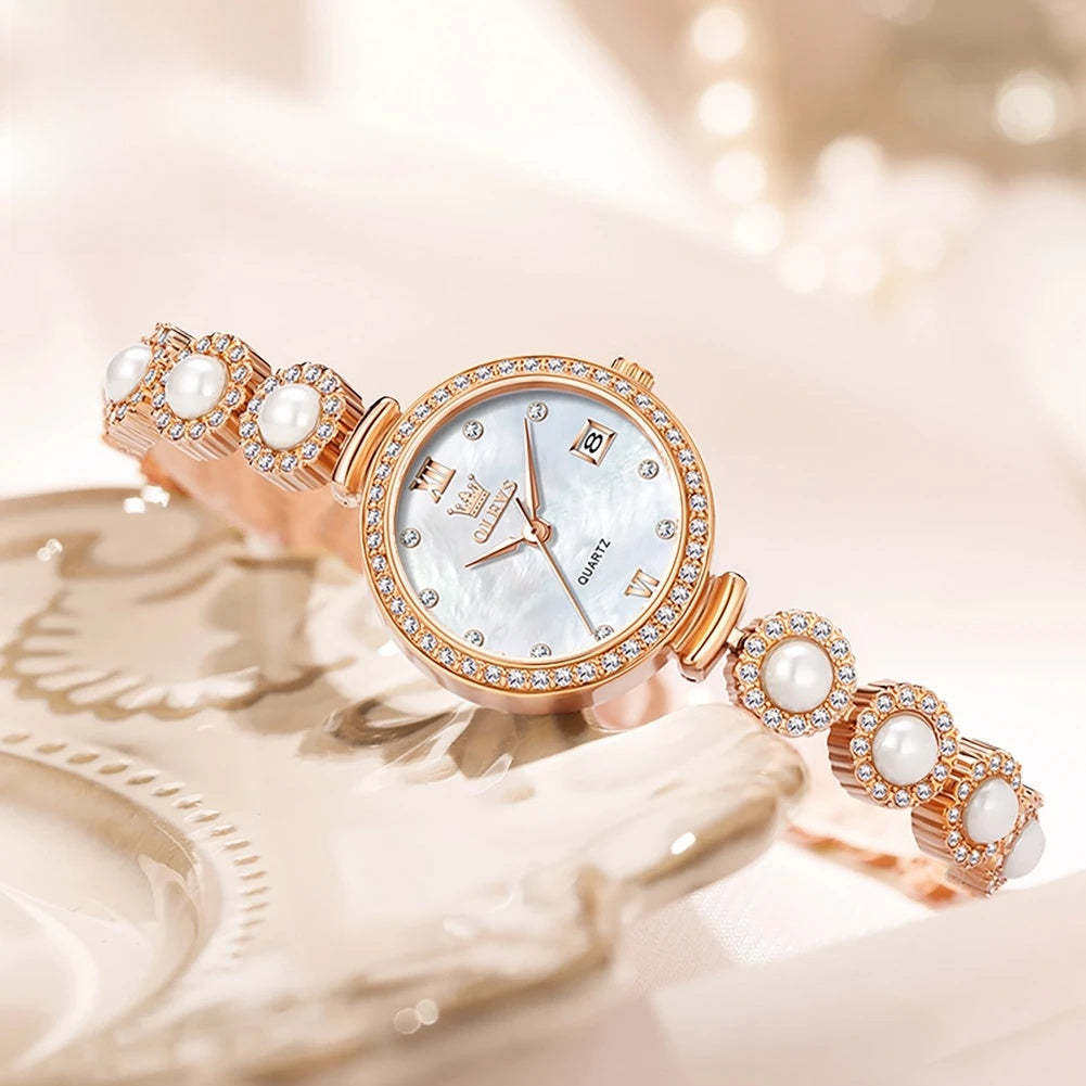 Women's Pearl-Effect Crystal Bracelet Watch — Rose gold-tone watch and pearl-effect accents