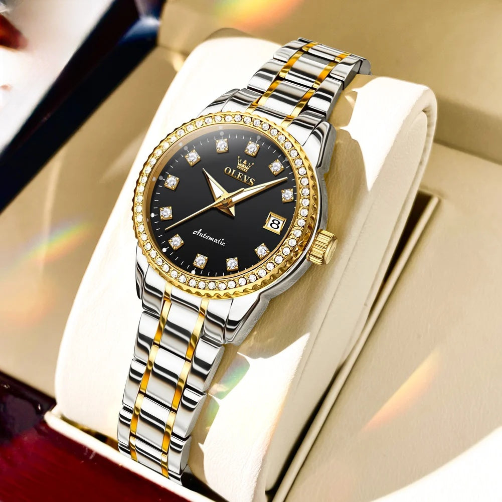 Women's Automatic Crystal Bezel Bracelet Watch — Two Tone / Black Dial — BandsCo Straps