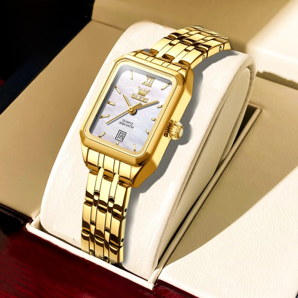 Women's Gold-Tone Rectangular Bracelet Watch — White dial rectangular link watch — BandsCo Straps