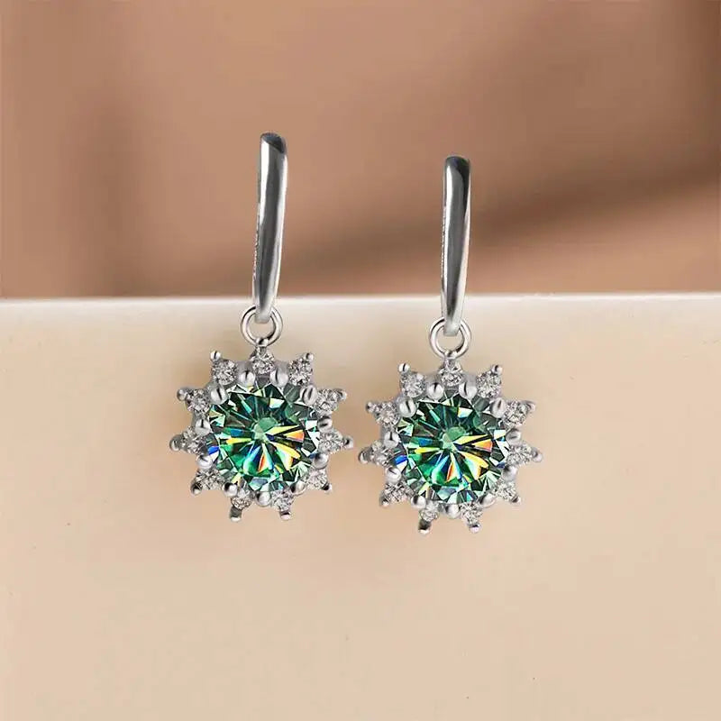 Colorful Sunburst Moissanite Drop Earrings in Sterling Silver — Green stone detail