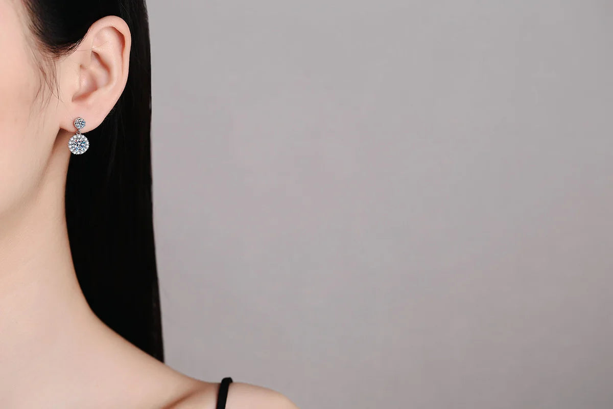 Colored Round Halo Moissanite Drop Earrings in Silver — Worn on ear