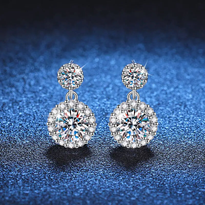 Moissanite Halo Drop Earrings in 925 Sterling Silver — White halo drop earrings — BandsCo Straps