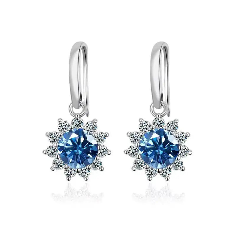 Colorful Sunburst Moissanite Drop Earrings in Sterling Silver — Royal Blue stones
