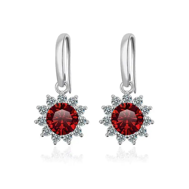 Colorful Sunburst Moissanite Drop Earrings in Sterling Silver — Red stones