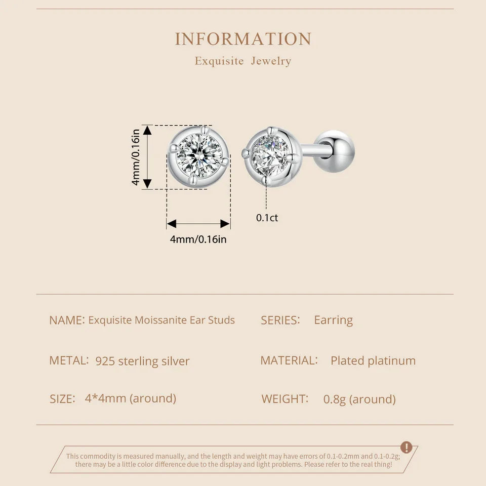 Round Moissanite Ball-Back Stud Earrings in Sterling Silver — 4 mm front dimensions