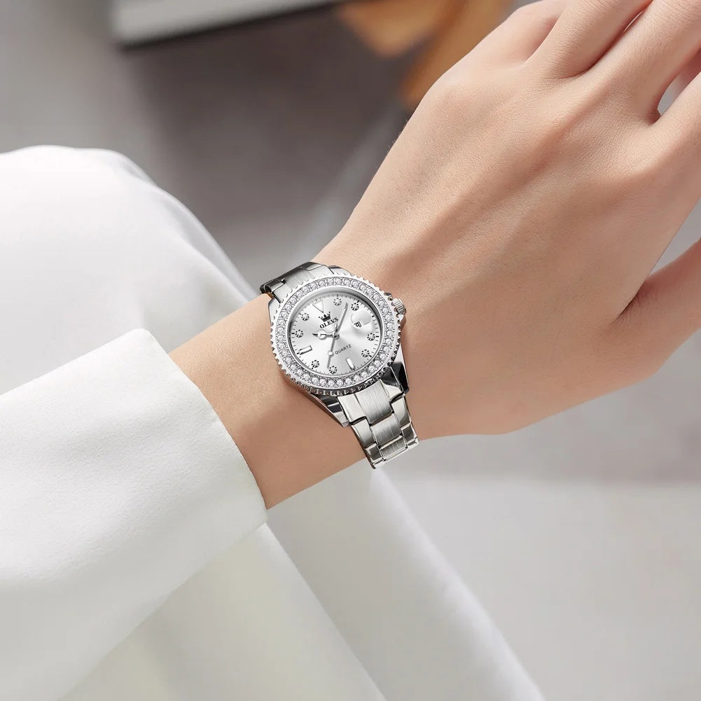 Women's Sunray Dial Crystal-Bezel Quartz Watch — White dial watch worn on wrist