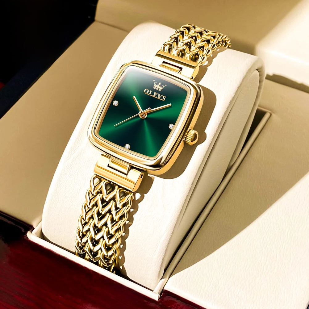 Women's Gold-Tone Rectangular Bracelet Watch — Green Dial / Woven Bracelet — BandsCo Straps