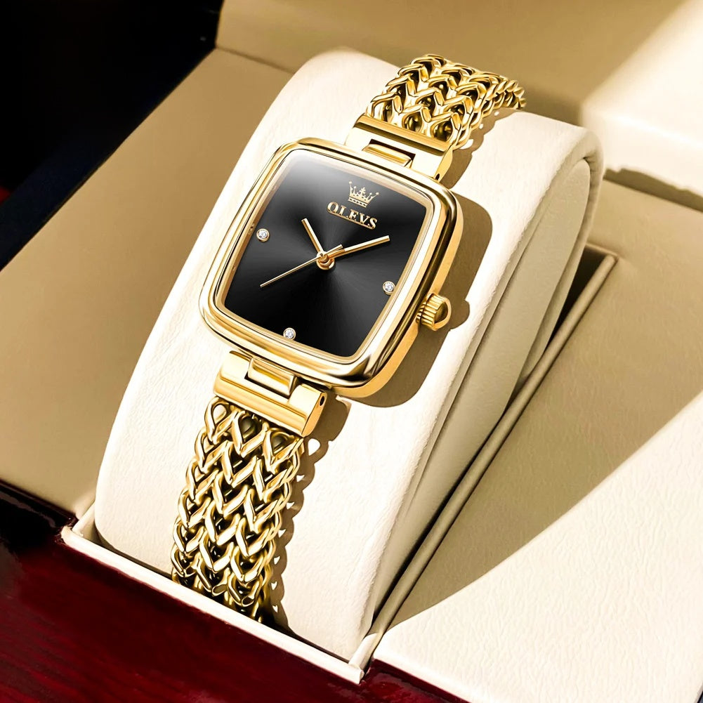 Women's Gold-Tone Rectangular Bracelet Watch — Black Dial / Woven Bracelet — BandsCo Straps
