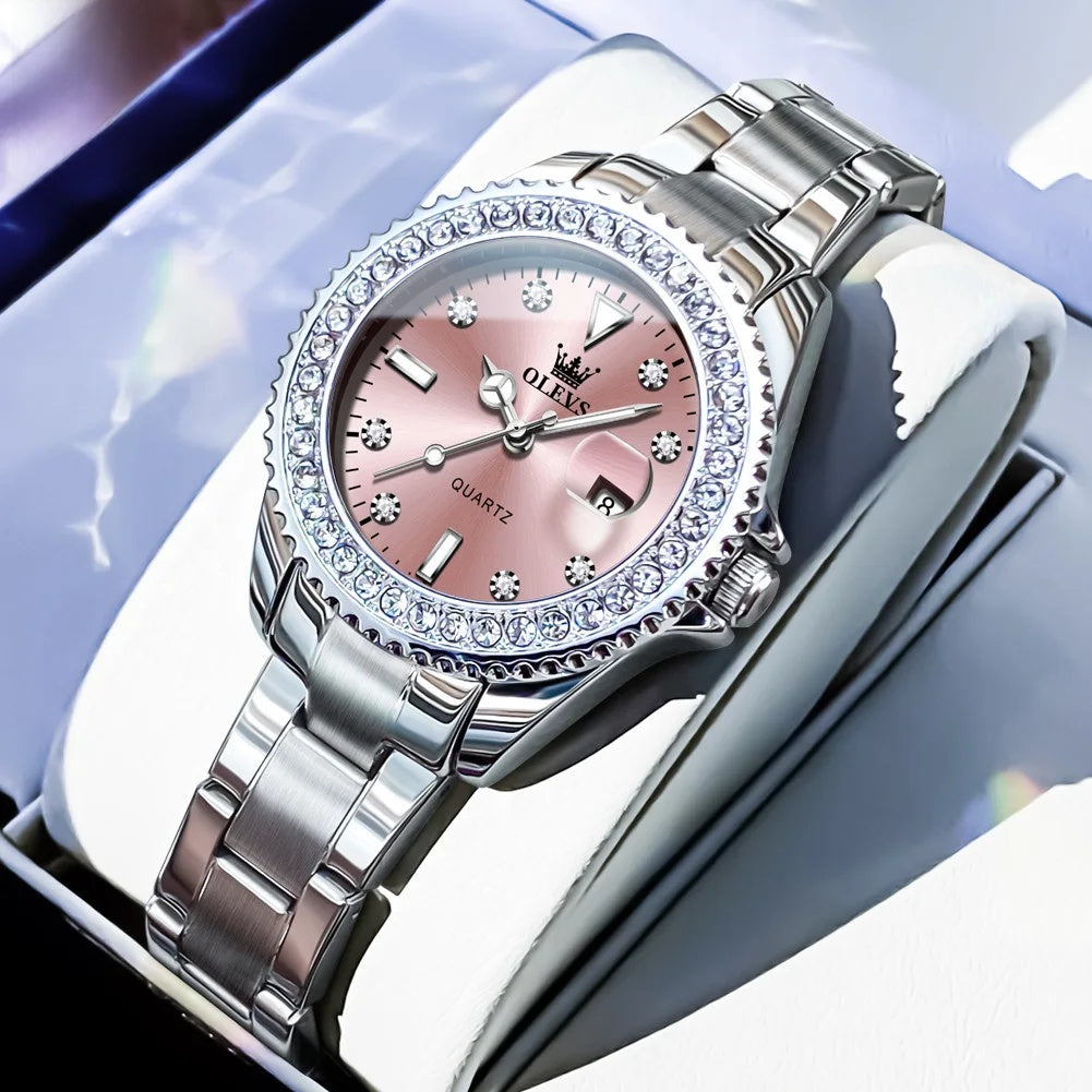 Women's Crystal Bezel Quartz Date Watch — Silver Bracelet / Pink Dial — BandsCo Straps