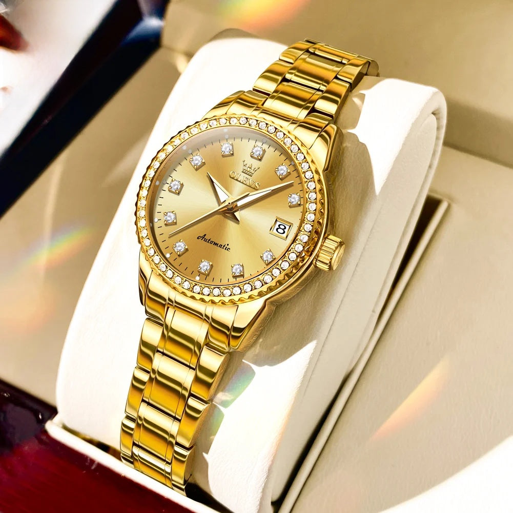 Women's Automatic Crystal Bezel Bracelet Watch — Gold Tone / Gold Dial — BandsCo Straps