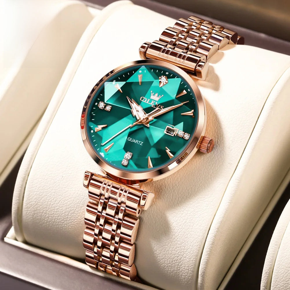 Women's Rose Gold-Tone Faceted Dial Quartz Watch — Rose Gold Tone / Green Dial