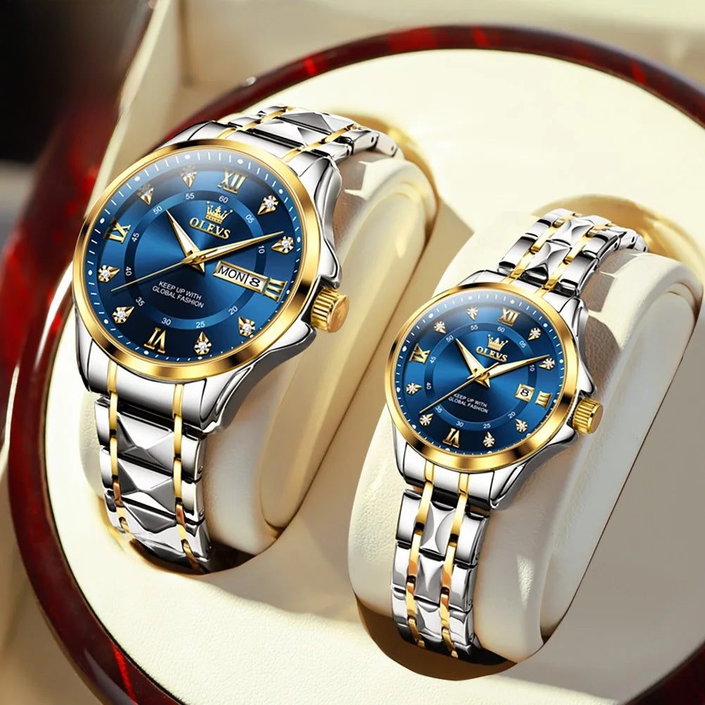 Stainless Steel Day-Date Watch - Women's, Men's & Couples — Couple Pair / Two Tone / Blue Dial — BandsCo Straps