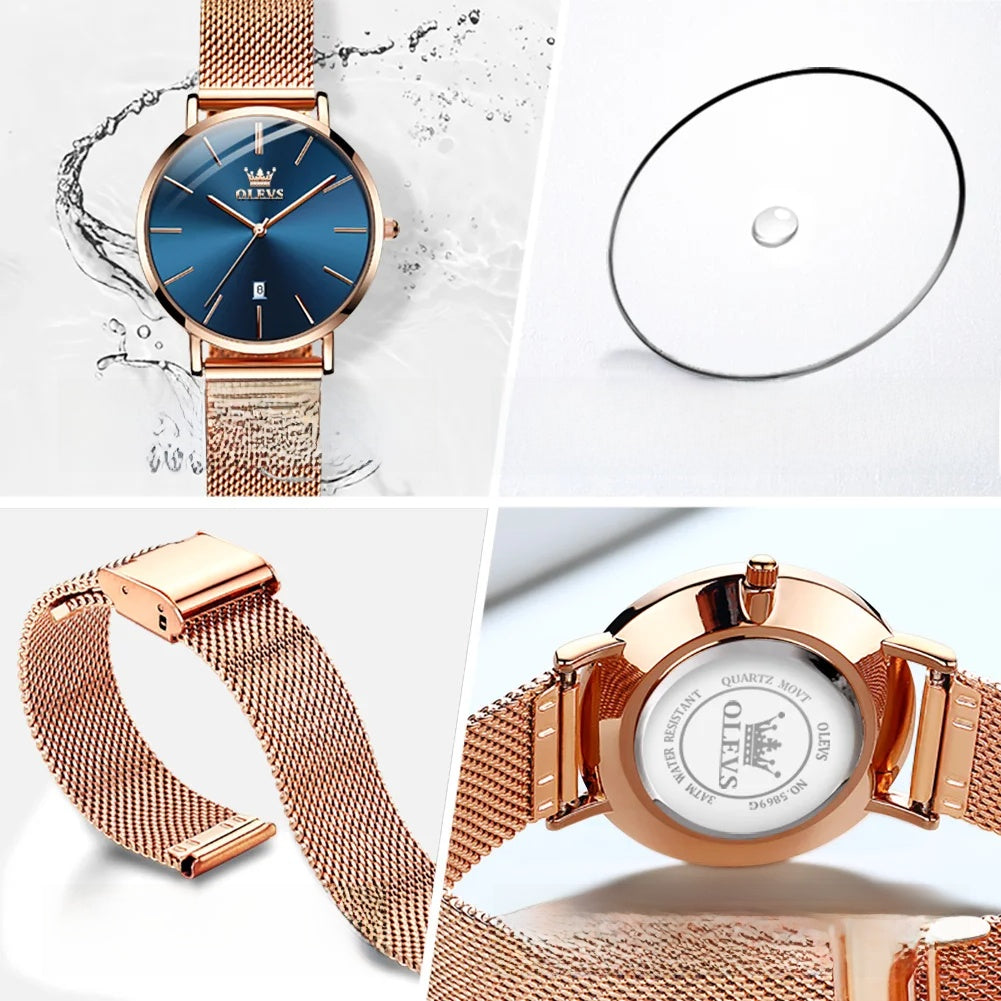 Women's Minimalist Mesh Date Quartz Watch — Case back and mesh clasp — BandsCo Straps