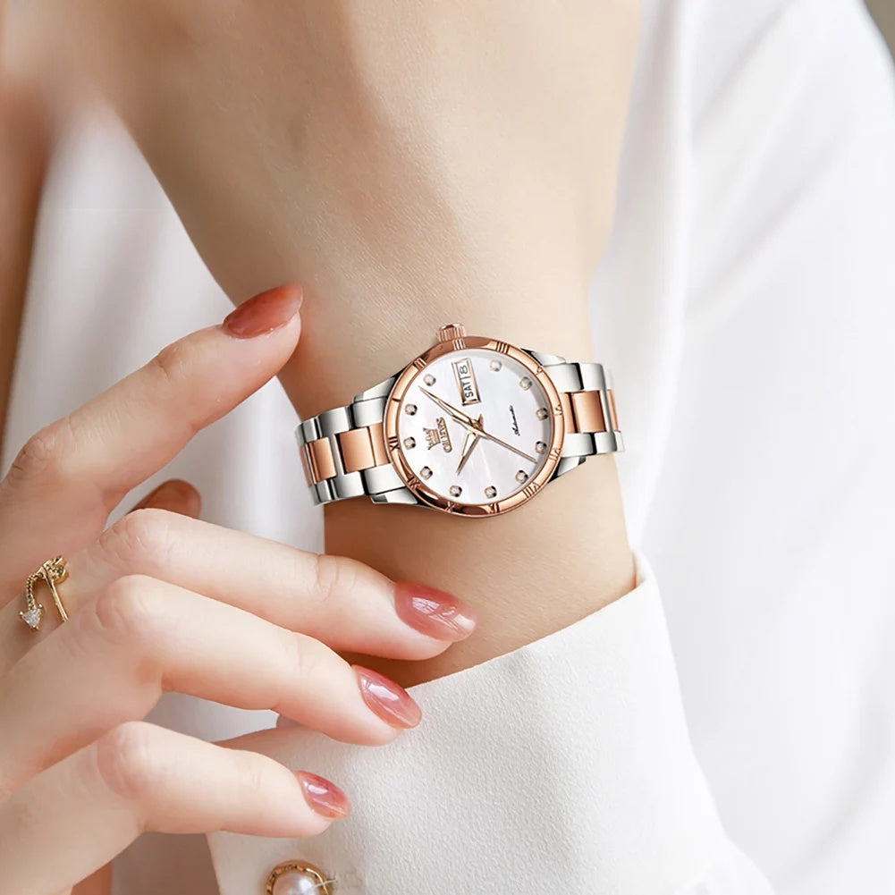 Women's Automatic Pearl-Effect Day-Date Watch — Pearl-effect dial watch on wrist — BandsCo Straps