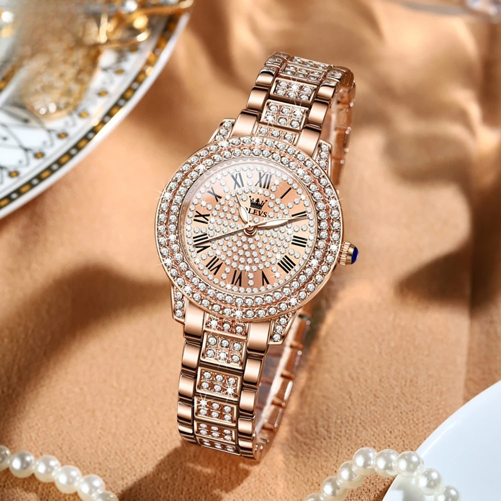Women's Rose Gold-Tone Crystal Roman Numeral Watch — Full crystal dial and bracelet