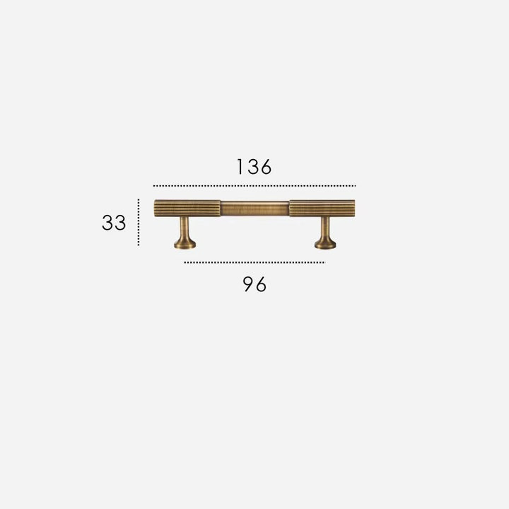 Fluted solid brass cabinet pull size diagram, 96mm hole spacing