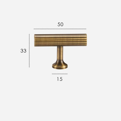 Fluted solid brass T-bar cabinet knob size diagram, 50mm long