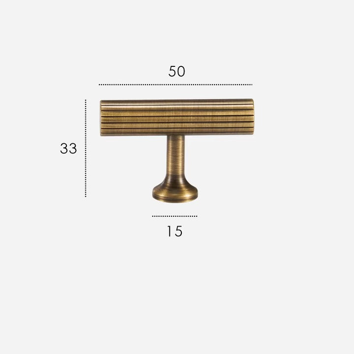Fluted solid brass T-bar cabinet knob size diagram, 50mm long