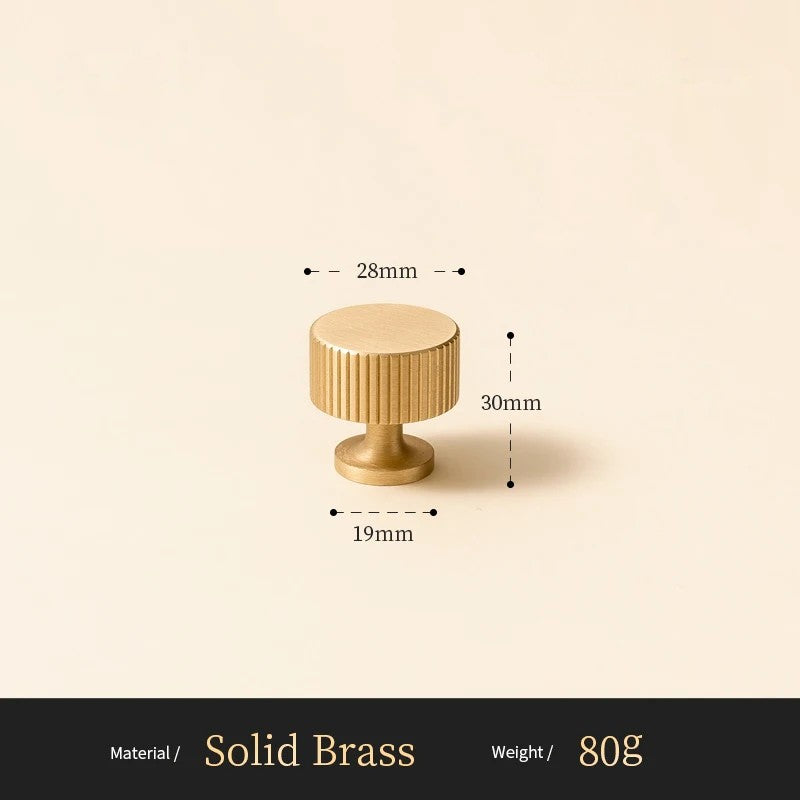 Fluted solid brass round cabinet knob size diagram, 28mm wide