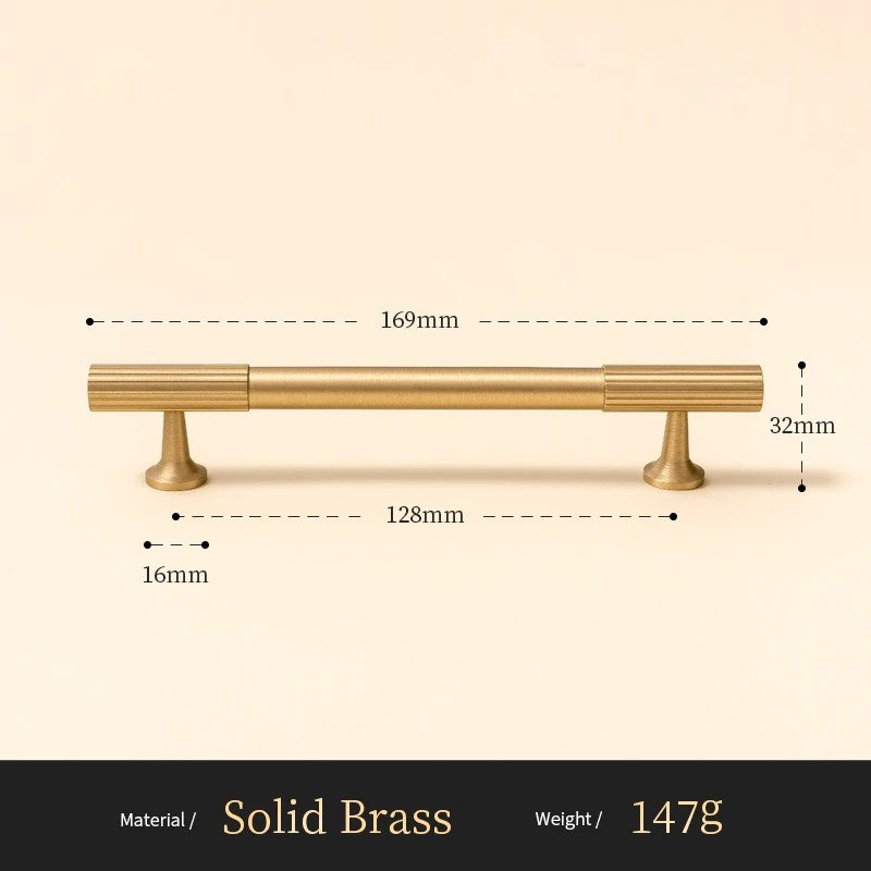 Fluted solid brass cabinet pull size diagram, 128mm hole spacing