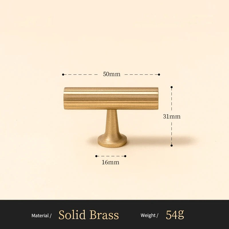 Fluted solid brass T-bar cabinet knob size diagram, 50mm long