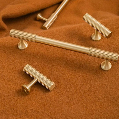 Fluted solid brass T-bar cabinet knob in brushed brass