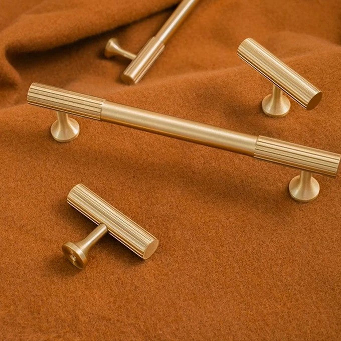 Fluted solid brass T-bar cabinet knob in brushed brass