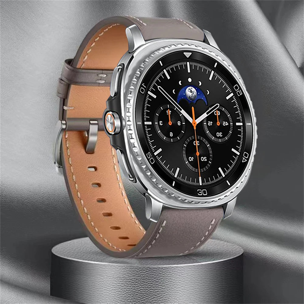 Gray stitched leather watch band front view for Samsung Galaxy Watch8, Watch8 Classic and Watch9