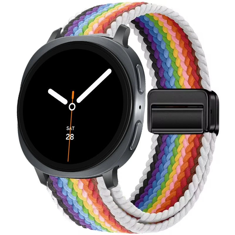Braided Nylon Clasp Band in White Rainbow Stripe / Black Clasp for Samsung Galaxy Watch8, Watch8 Classic and Watch9