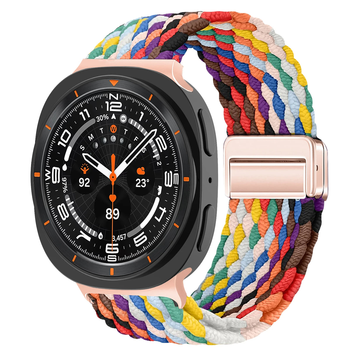 Braided Nylon Adjustable Buckle Band in Rainbow / Rose Gold Clasp for Samsung Galaxy Watch8, Watch8 Classic and Watch9