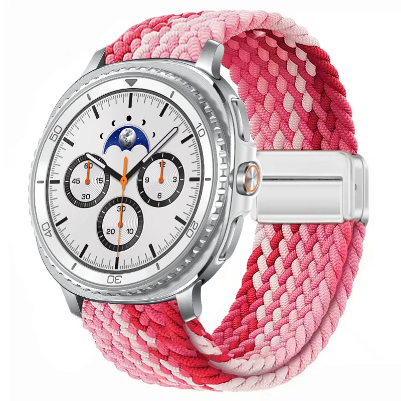 Braided Nylon Clasp Band in Strawberry Ombré / Silver Clasp for Samsung Galaxy Watch8, Watch8 Classic and Watch9