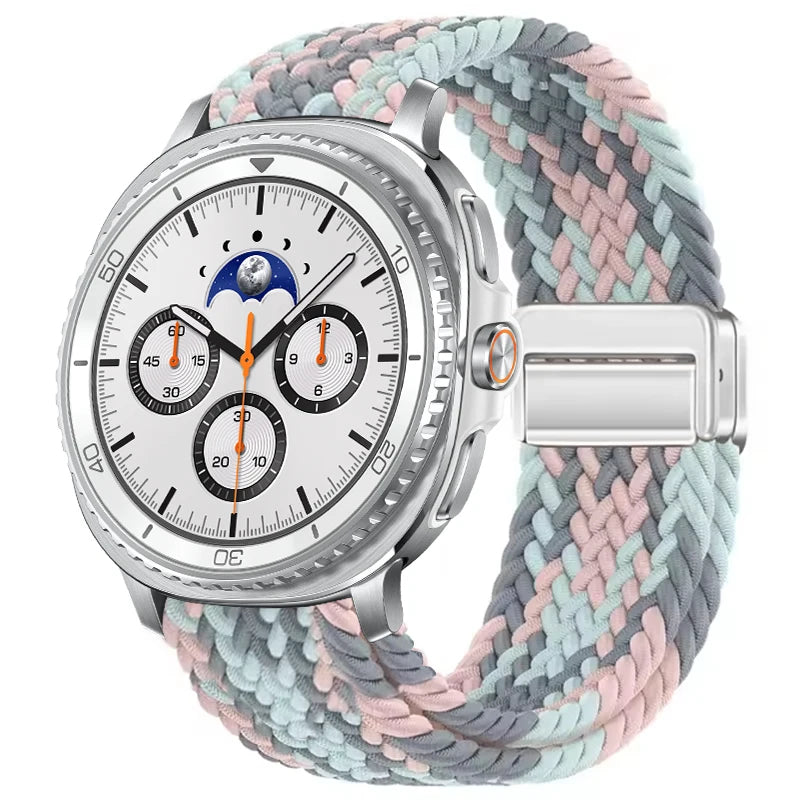 Braided Nylon Clasp Band in Pink and Blue Diagonal / Silver Clasp for Samsung Galaxy Watch8, Watch8 Classic and Watch9