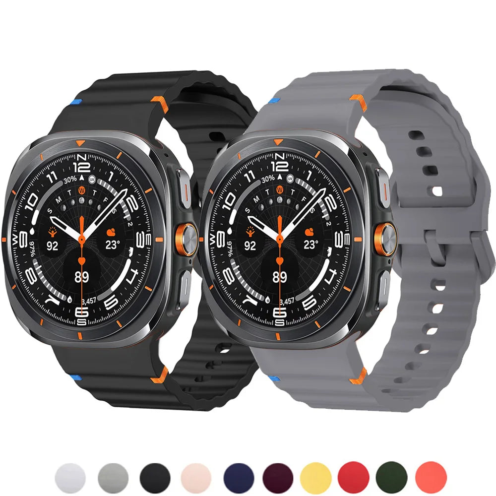 Black and gray ribbed silicone bands with color previews for Samsung Galaxy Watch8, Watch8 Classic and Watch9