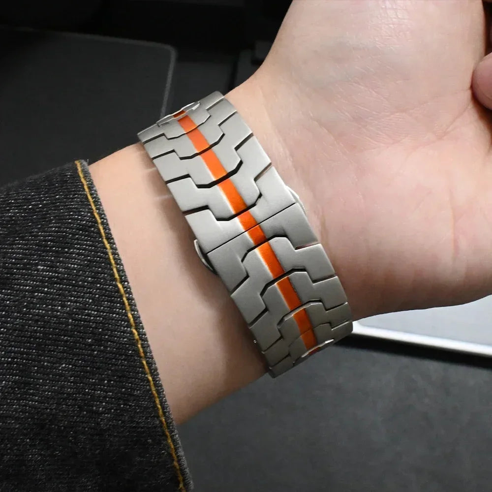 Orange center stripe and folding clasp on steel watch band for Samsung Galaxy Watch8, Watch8 Classic and Watch9