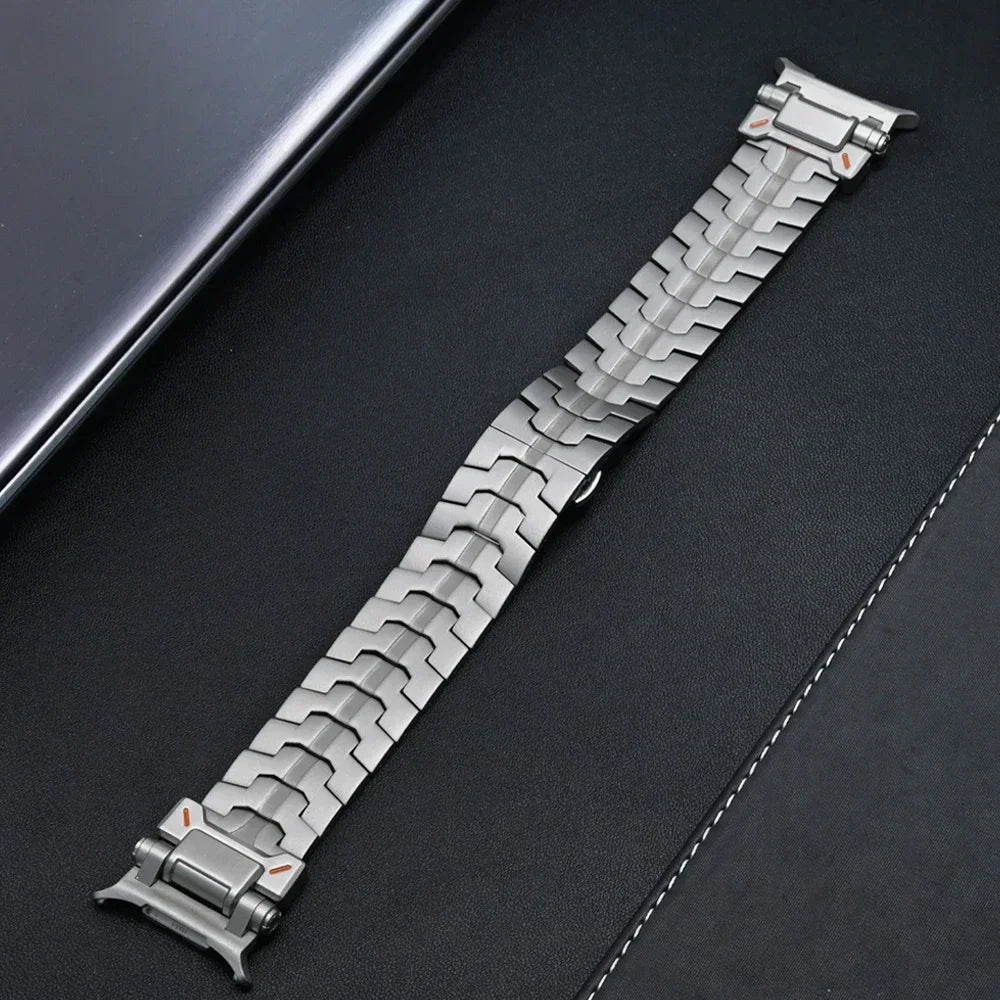 Titanium-gray steel link watch band laid flat for Samsung Galaxy Watch8, Watch8 Classic and Watch9