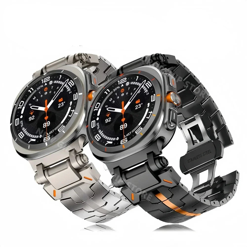 Titanium-gray and black steel watch bands with orange stripe for Samsung Galaxy Watch8, Watch8 Classic and Watch9