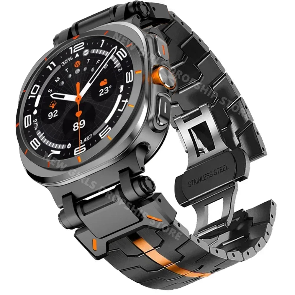 Steel Link Band with Stripe Options in Black / Orange Stripe for Samsung Galaxy Watch8, Watch8 Classic and Watch9