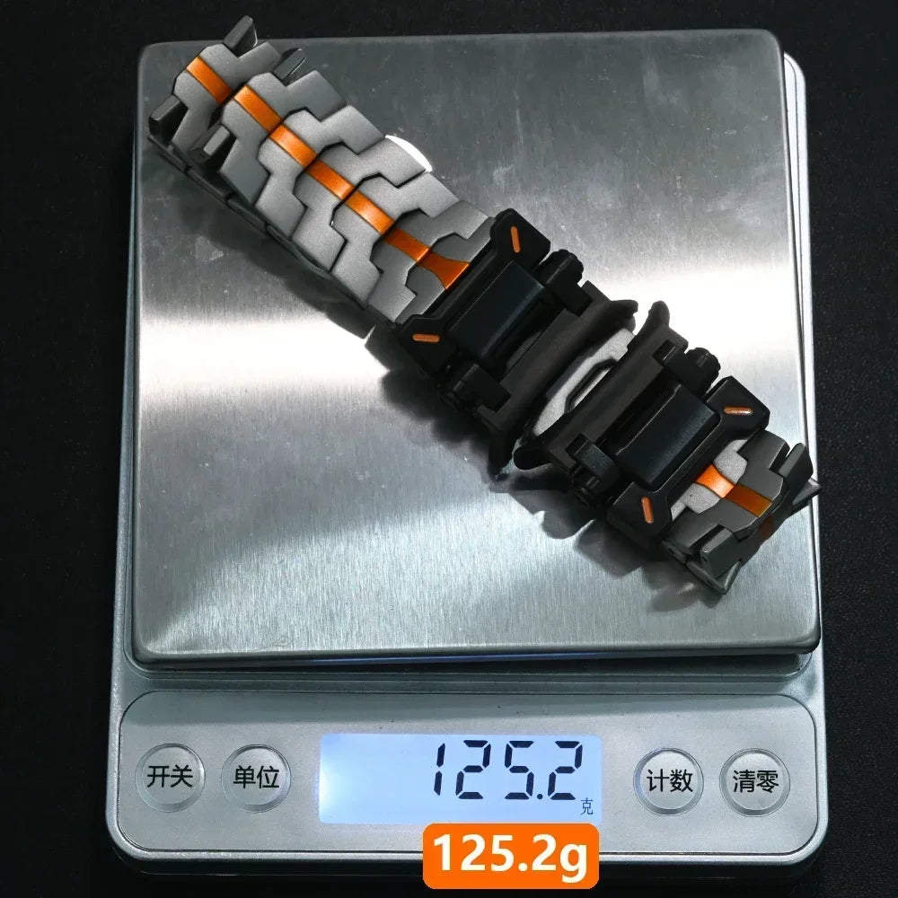 Steel link watch band on a scale for Samsung Galaxy Watch8, Watch8 Classic and Watch9